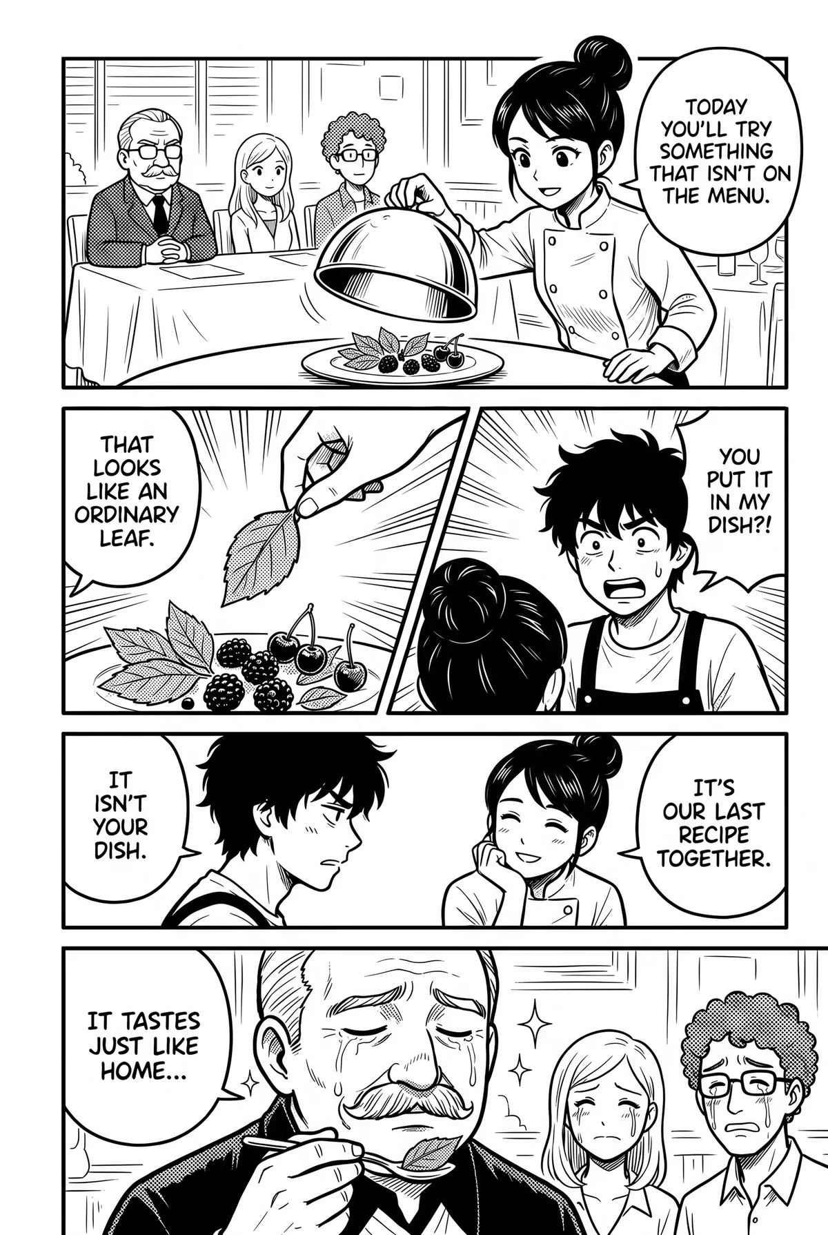 Cooking drama manga page lettered in English