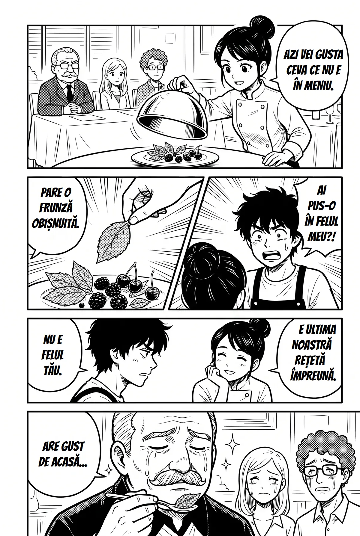 Aceeași pagină de manga culinară, text în română