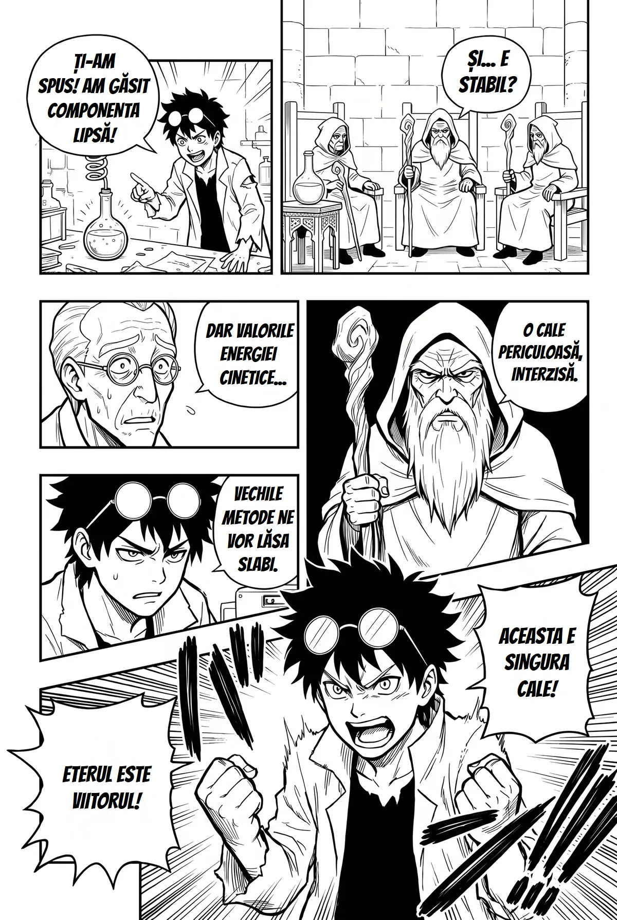 Traducător manga AI Aceeași pagină de manga fantasy cu un inventator în fața unui consiliu de bătrâni, cu textul în română