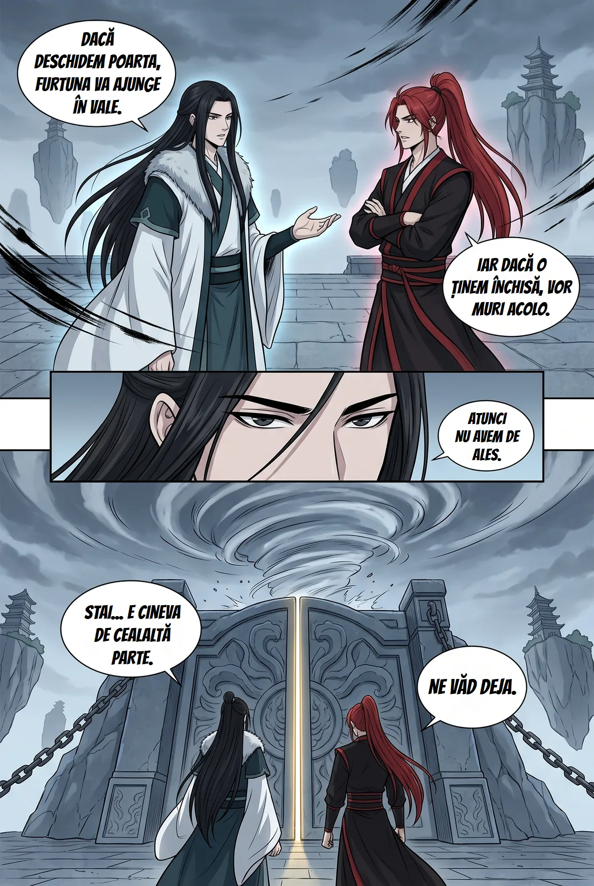 Aceeași pagină de manhwa murim cu o furtună deasupra unei porți, cu textul în română