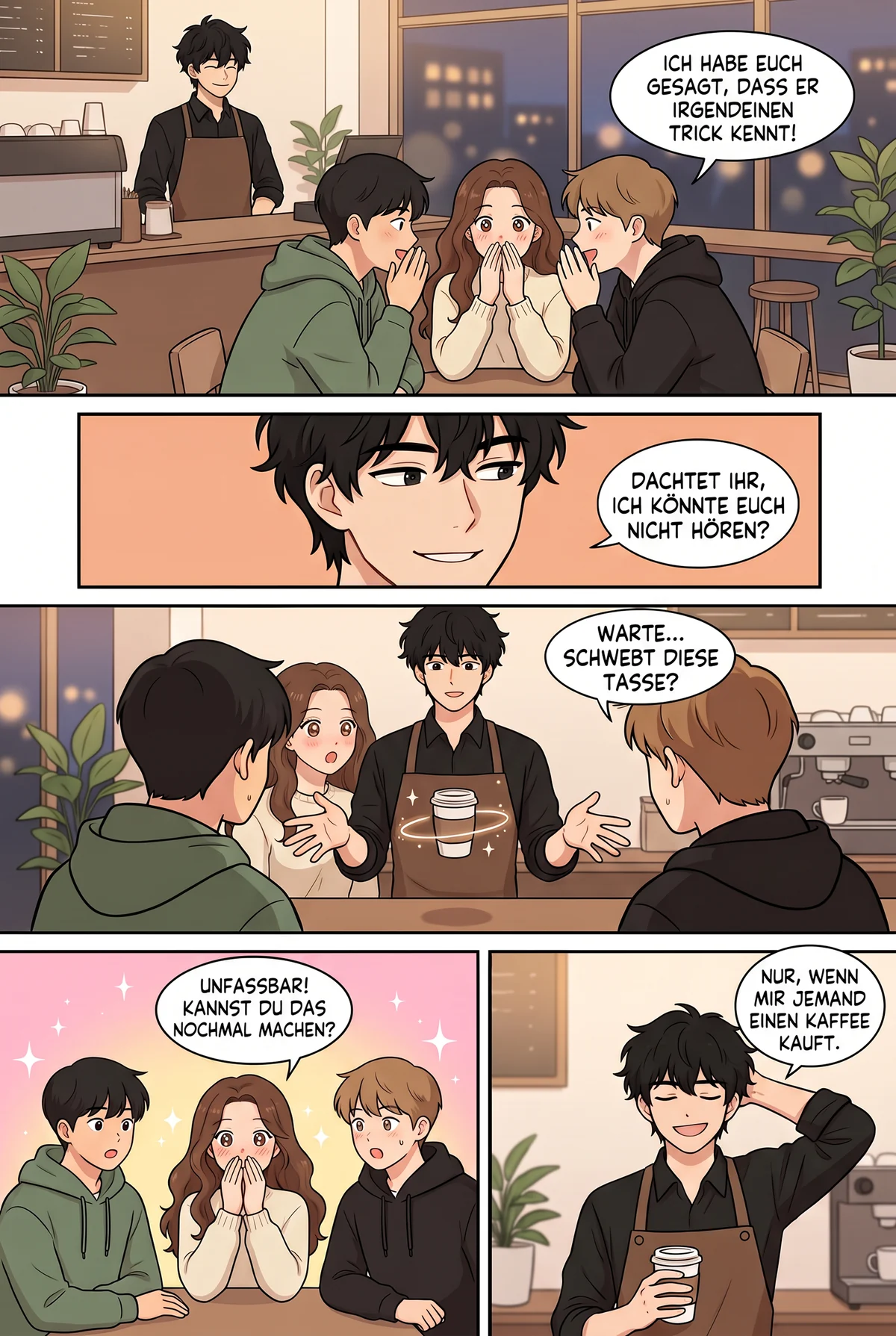 Pagină de webtoon din viața de zi cu zi, într-o cafenea, cu textul în germană
