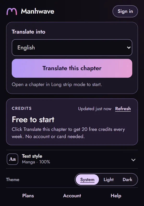 The Manhwave extension window with the language list and the Translate this chapter button
