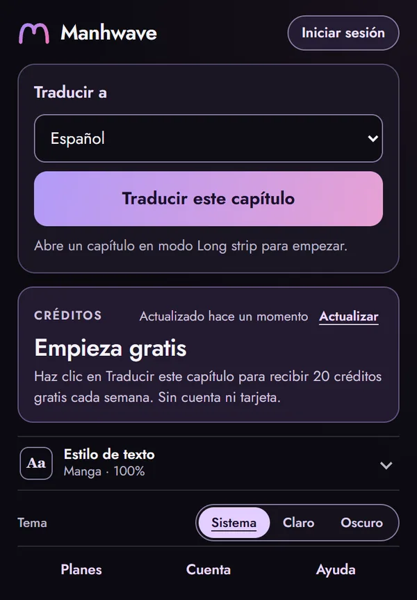 La ventana de la extensión Manhwave con la lista de idiomas y el botón Traducir este capítulo