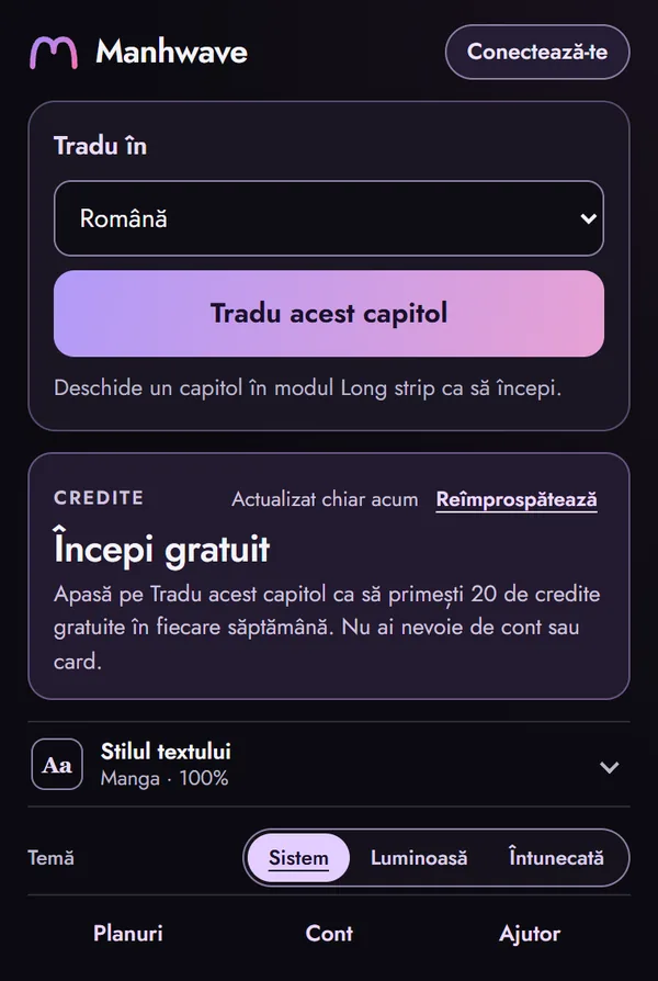 Fereastra extensiei Manhwave cu lista de limbi și butonul Tradu acest capitol