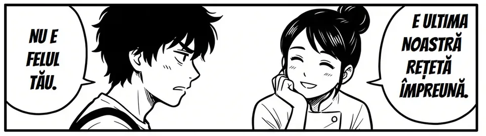 Un cadru de manga tradus în română, cu originalul în engleză sub cursor